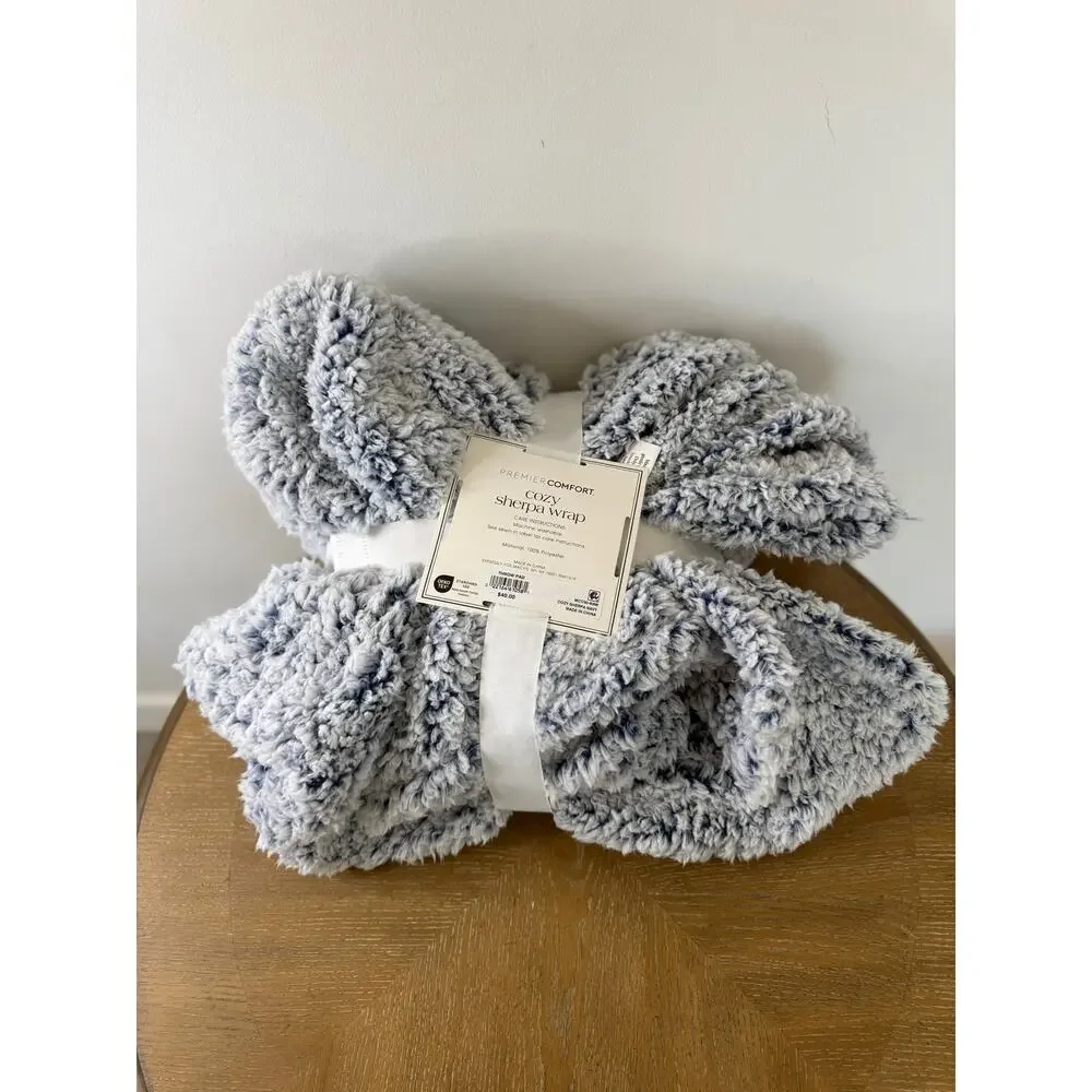 Premier Comfort Cozy Sherpa Wrap Throw Blanket 50x60 Blue Gray Plush Soft